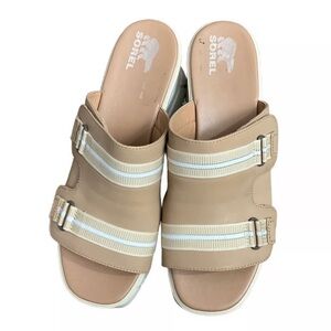 Sorel Joanie III slide sandals in honest beige/chalk leather. size 9.5
